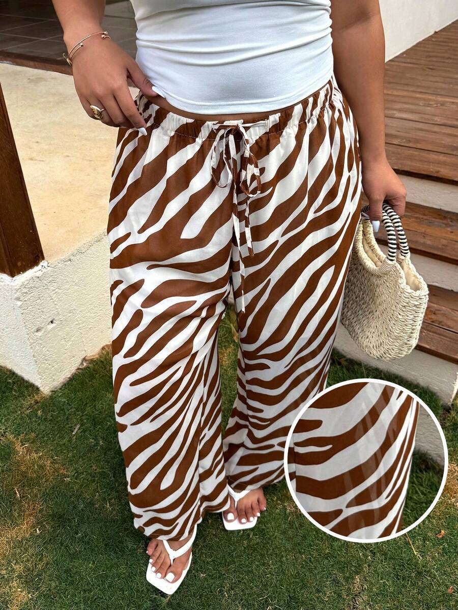 SHEIN EZwear 大尺碼白色斑馬豹紋抽繩腰寬鬆長褲,夏季波希米亞風海灘度假款 - 彩色 - 查看 1
