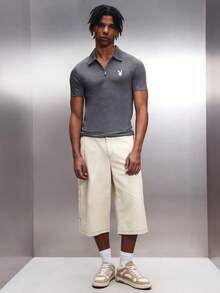 PLAYBOY X SUMWON Bunny Logo Collared Short Sleeve Slim Fit Zip Up Polo Shirt With Ribbed Collar - Grey - View 3