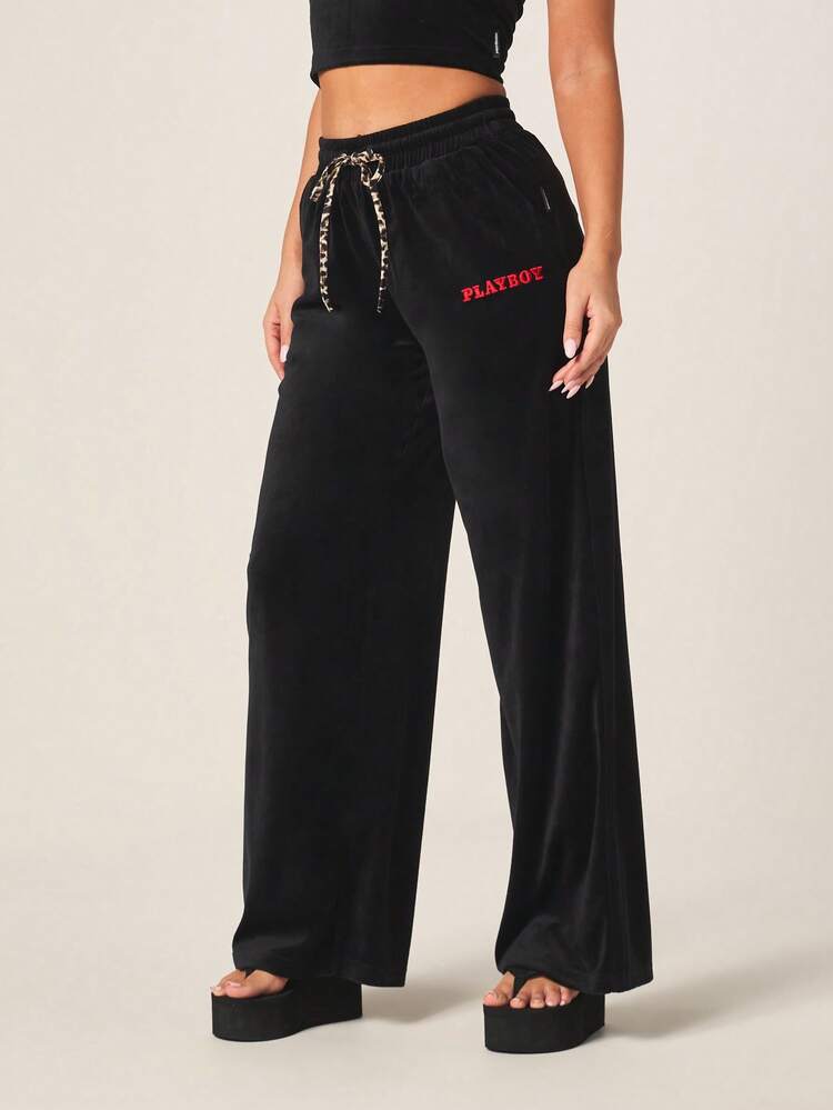 Missguided x Playboy Leopard Print Wide Leg Joggers With Drawstring Waist And Side Pockets For Comfortable Casual Everyday Loungewear