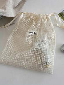 Tulle Lace Embroidery Daisy Drawstring Pouch Travel Cosmetics Organizer Toiletry Bag Multifunctional Storage Pouch - Off-white - View 14