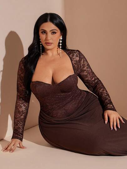 SHEIN BAE Elegant Lace Sleeve Banquet Dress,Rown Lace Patchwork Slip Dress For Women, Winter Dress,Christmas Dress,New Year Dress,Elegant Dresses For Party,Elegant Dress,Brown Dress, Brown Wedding Guest Dress