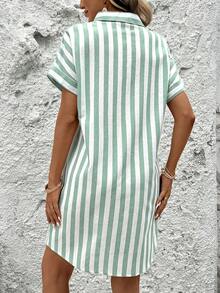 Easowa Cotton Striped Shirt Dress For Women Button Down Summer Casual With Pocket Short Sleeve - Green - View 7