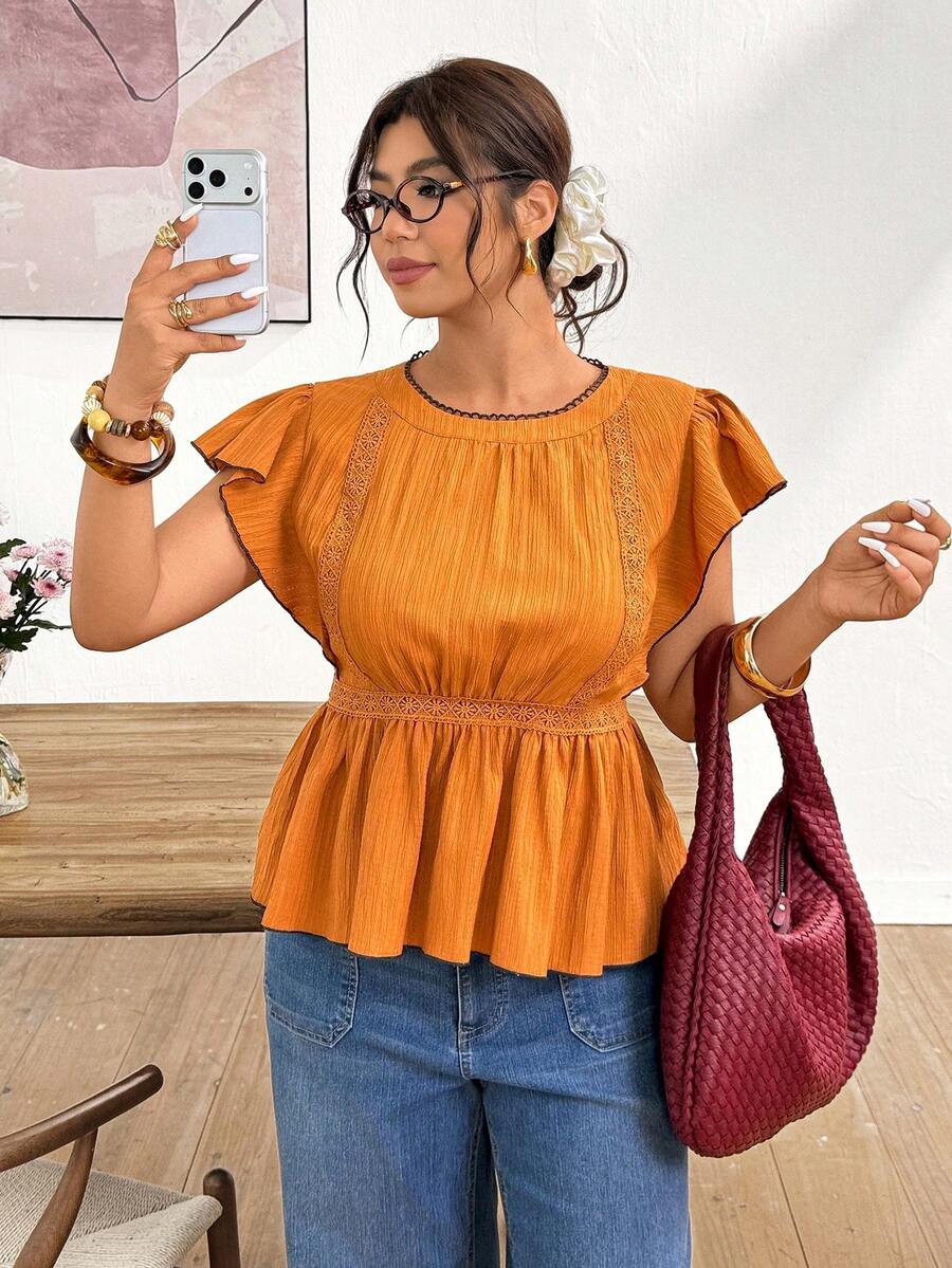 Lounesse Áo sơ mi nữ cỡ lớn phối ren, viền tương phản, màu cam, kiểu dáng rộng rãi thoải mái, đa năng, thích hợp mặc đi làm, bộ sưu tập mới năm 2026 dành cho nữ, áo kiểu mùa hè thanh lịch. - trái cam - Xem 1