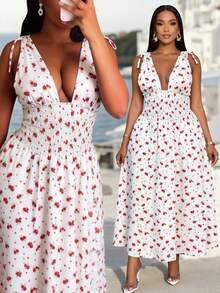 Xyvia Women White Floral Summer Boho Vacation Holiday Maxi Dress,Elegant Deep Shirred Adjustable Strap Elastic Waist Backless Flared Sweet Ditsy Sundress - Multicolor - View 7