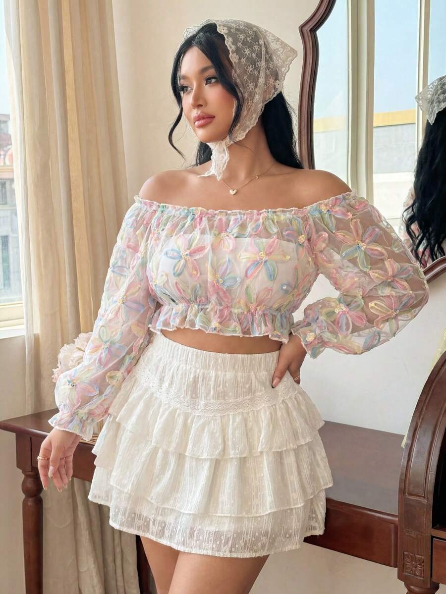 SHEIN Clasi Áo cánh hở vai họa tiết hoa 3D phong cách Pháp ngọt ngào cỡ lớn cho nữ - Nhiều màu - Xem 1