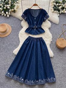 GlowEve Women's Casual Floral Embroidered Denim Skirt - Blue - View 8