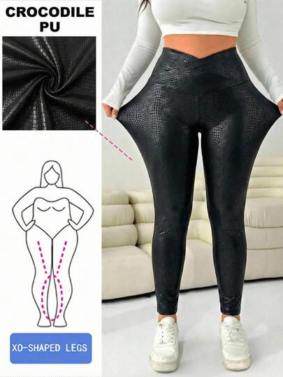 SHEIN EZwear Plus Size Women Black Animal Print High Waist Skinny Leggings