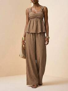Zivah Khaki Summer Casual Vacation Holiday Women's Elegant Sweetheart Neckline Camisole With Metal Buckle Decoration & Wide-Leg Pants Two Pieces Set - Brown - View 11
