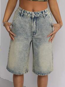 SHEIN Tall Mid-Waist Retro Washed Wide-Leg Denim Shorts - Medium Wash - View 1