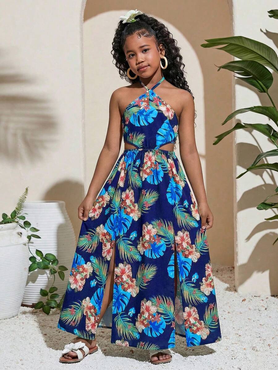 SHEIN Đầm maxi đi biển kiểu boho, cổ yếm, hở lưng, xẻ tà cao, in họa tiết hoa nhiệt đới cho bé gái tuổi teen. - Màu xanh lam - Xem 1