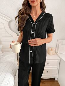 SHEIN Conjunto de maternidad de 2 piezas con cárdigan de punto de cuello en V minimalista y pantalones con ribete de contraste - Negro - Ver 5