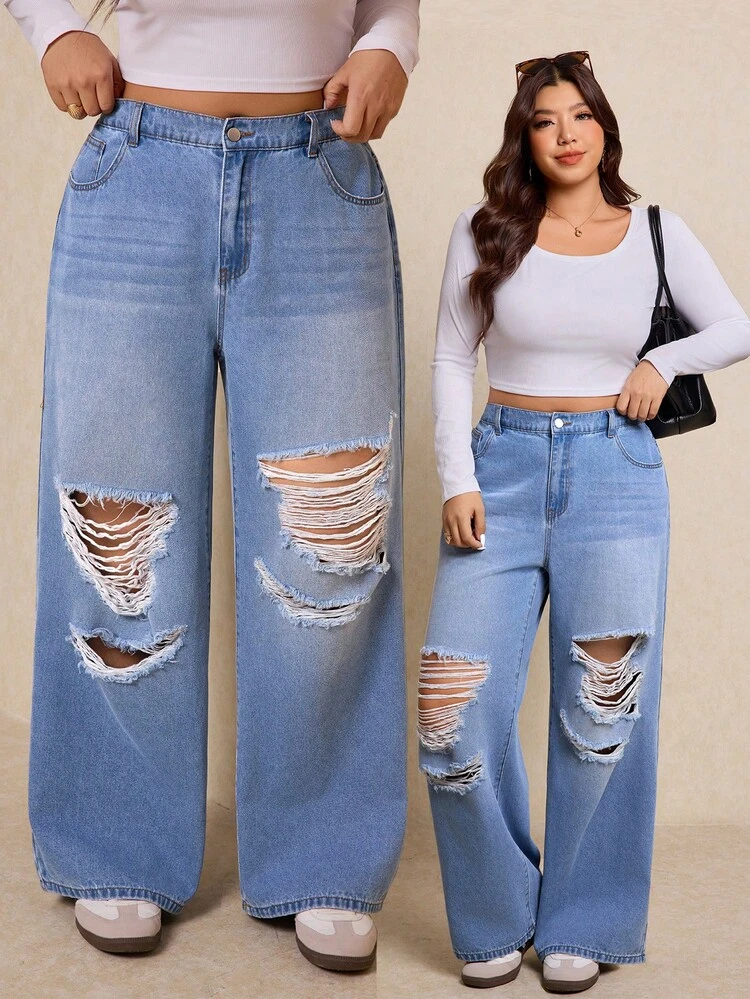 Elaquor Plus-Size Ripped Jeans, Summer Casual Ripped Straight Leg