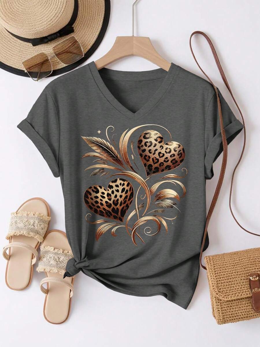 EMERY ROSE Vintage Leopard Print Heart & Feather Graphic Round Neck Short Sleeve V-Neck Casual T-Shirt For Women, Summer - Dark Grey - View 1
