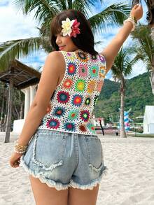 GalTyme Plus Size Women Colorful Hollow-Out Crochet Knit Tank Top, Suitable For Vacation - Multicolor - View 2
