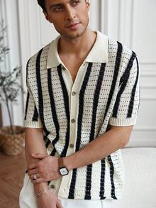 Manfinity CityGents 男士条纹短袖镂空单排扣休闲针织上衣 - 彩色 - 查看 2