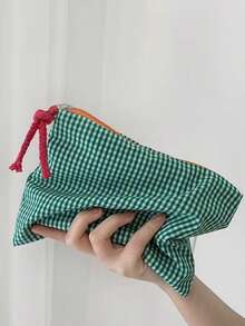 Classic Plaid Cosmetic Bag Portable Travel Toiletry Organizer Vintage Retro Style Contrast Design Multi Compartment Water Resistant Lining Durable Zipper Daily Essentials Storage - Multicolor - View 9