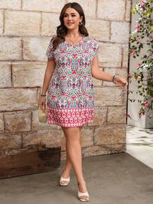 EMERY ROSE Plus Size Women's Casual Vacation Style Cashew Print Dress, Spring/Summer - Pink - View 3