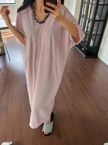 DAZY Women's Elegant Sequin Ruffle Collar Loose Nightgown, Summer - Pink - View 4