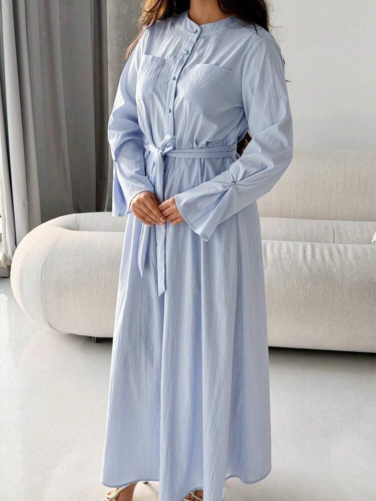 Solavon Women's Solid Color Single-Breasted Knotted Top And Skirt 2 Pieces Set, Fashionable For Dates - Blue - View 6