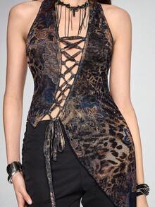 ROMWE Grunge Punk Women's Y2K Millennium Animal Zebra Leopard Paisley Print Drawstring Asymmetrical Hem Halter Top - Multicolor - View 3