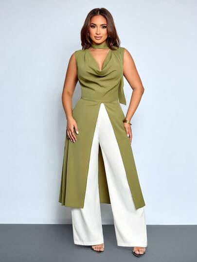 SOLERSUN Women's Spring Summer Solid Color Elegant Casual Green Sleeveless Split Thigh Hem Long Shirt Party Evening Wedding Guest Daily Outfits Holiday Hawaii