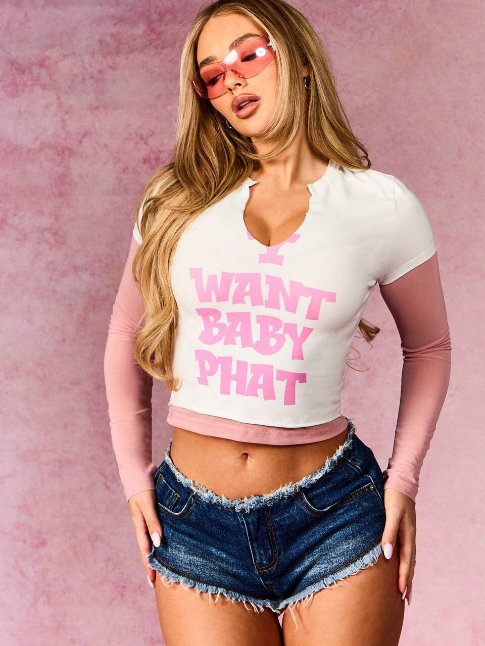 BABYPHAT Women Notch Neck Short Sleeve Crop Tee With Pink I Want Text Print White Cotton T-Shirt Summer Casual Top