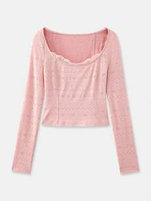 lacRébo Dusty Pink Fitted Long-Sleeve Tee - Square Neckline With Lace Detail - Pink - View 7
