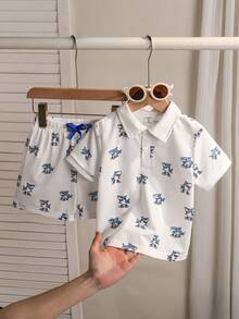 Souflis Souflis 2pcs/Set Boys' Shark Print Polo Shirt & Shorts,White Summer Matching Outfit For Holiday & Family Vacation,Fashionable Casual Back To School Suit - White - View 6
