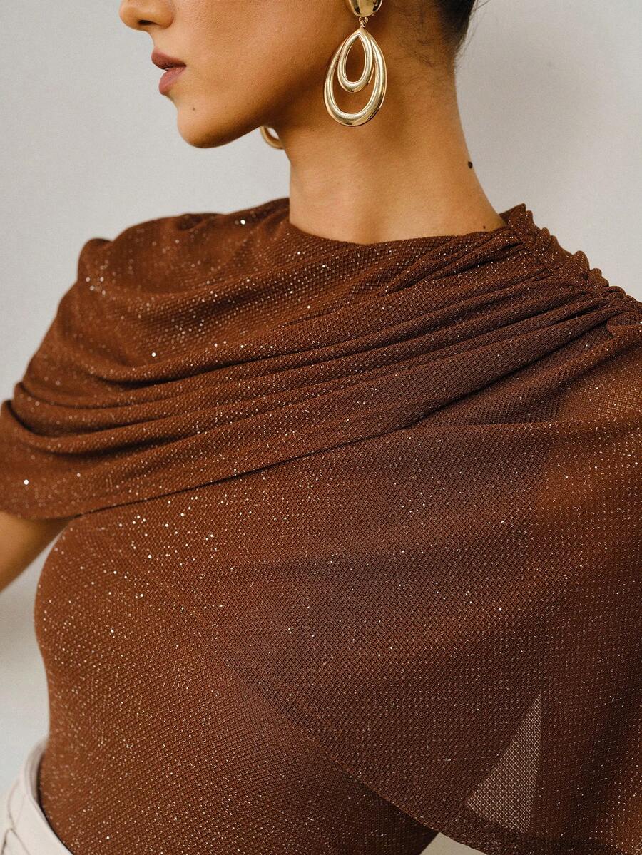 ZEYLAH Women's Pleated Fitted Casual Blouse For Spring/Summer - Coffee Brown - View 1