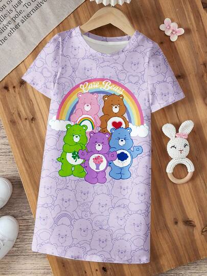 SHEIN X Care Bears Cartoon Print Round Neck Short Sleeve Casual Dress For Young Girl