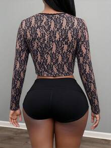 Glyssa Nuova camicetta da donna sexy in pizzo a maniche lunghe, aderente e trasparente, adatta per feste, discoteche, spiaggia, feste in piscina nella primavera iniziale, primavera ed estate - nero - Visualizzare 2