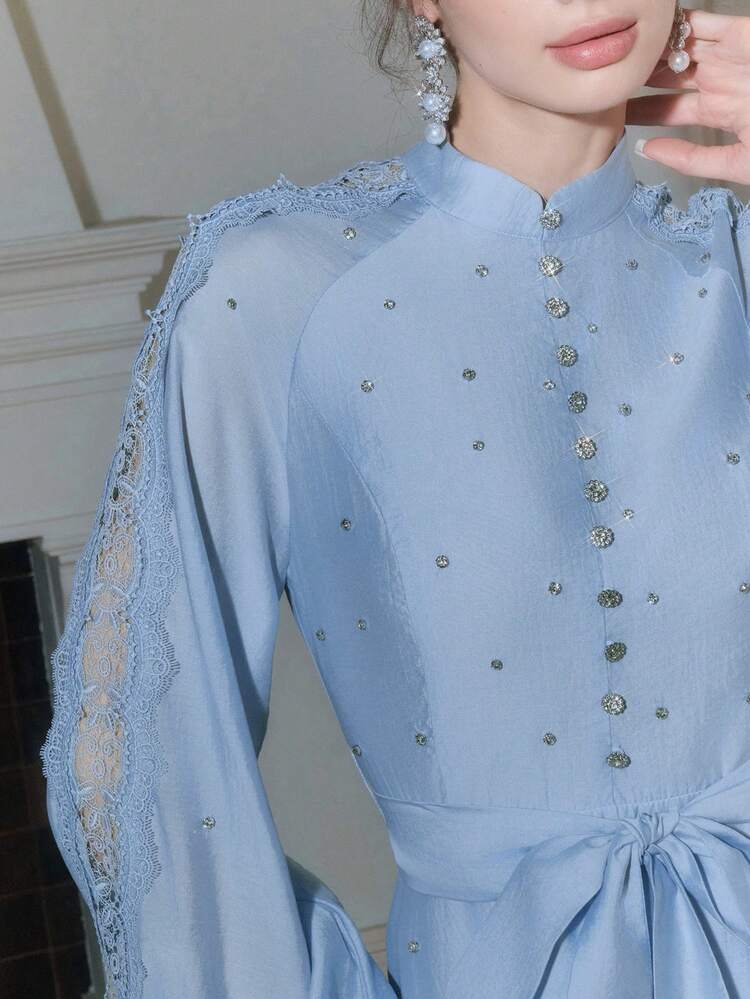 Women's Elegant Commuter Rhinestone Decor Lace Patchwork Dress Blue Baby Blue Elegant Dress French Style Dress