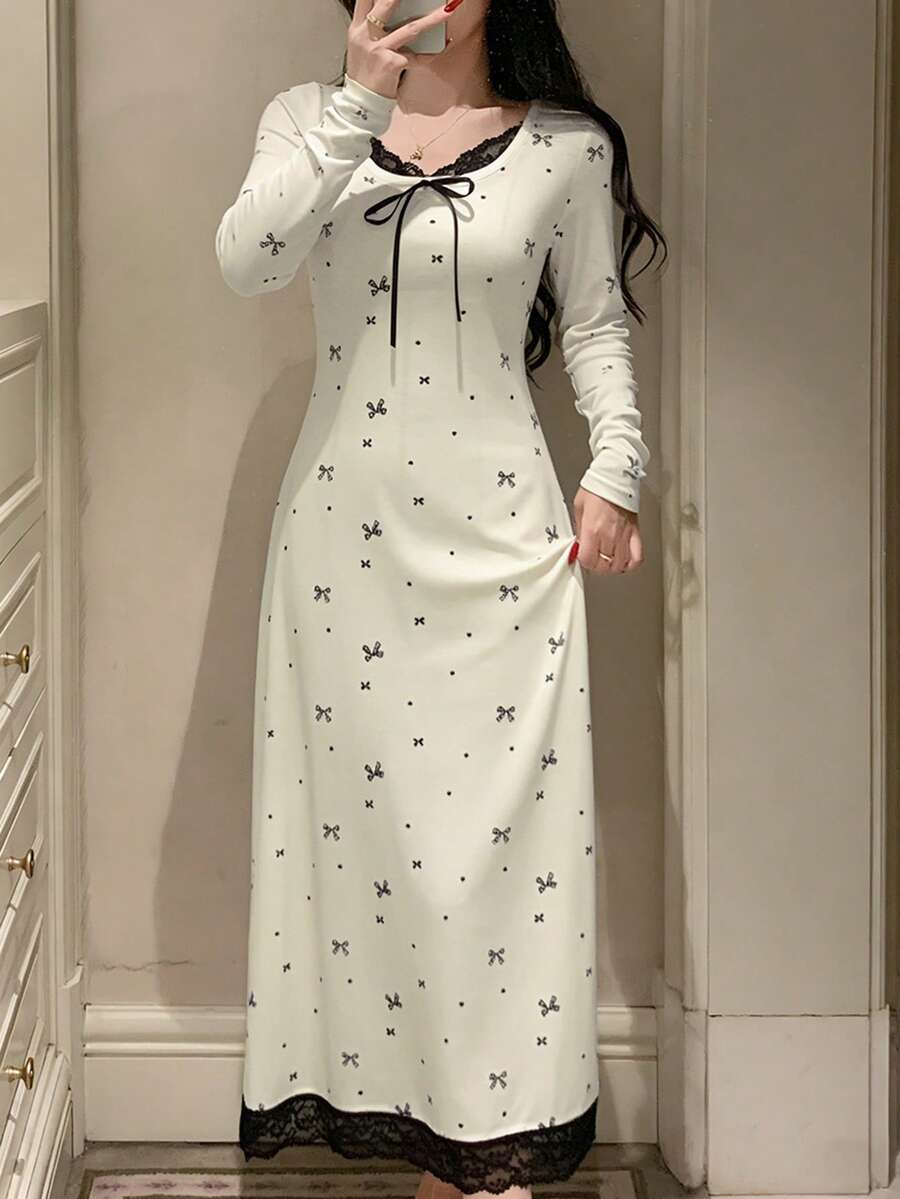 DAZY Bow Print Colorblock Lace Patchwork Waist Dress, Suitable For Summer And Spring, Women Nightgown - White - View 1