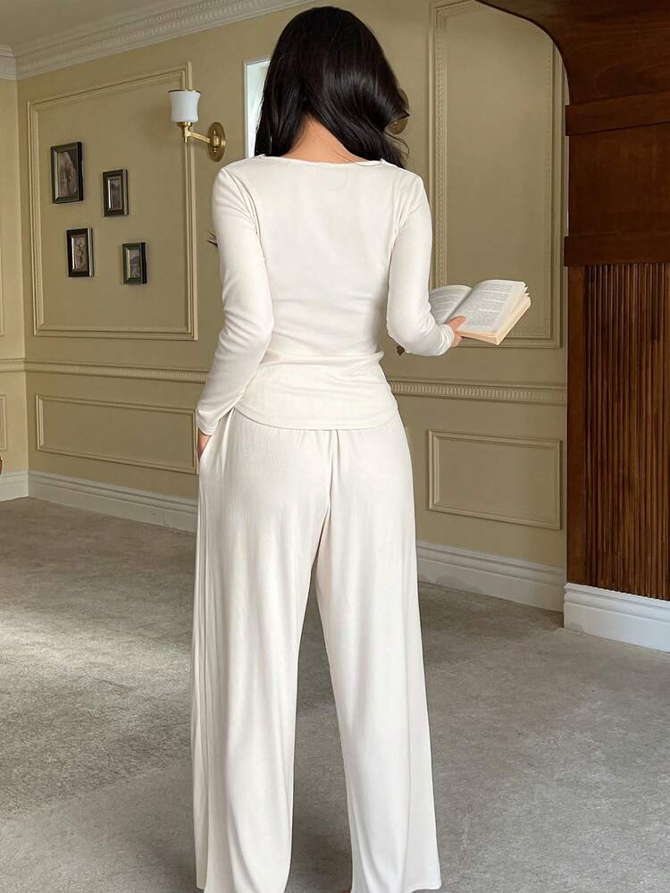 2pcs Lace Patchwork V-Neck Long Sleeve T-Shirt And Loose Straight Leg Long Pants Pajama Set For Women, Spring