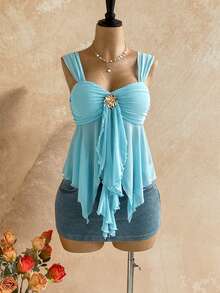 Soleia Trang phục thường ngày mùa Xuân/Hè, phong cách miền Tây, thích hợp cho kỳ nghỉ, đám cưới, lễ tốt nghiệp, tiệc brunch, ngày lễ Thánh Patrick, kỳ nghỉ xuân, lễ Phục sinh, lễ hội âm nhạc. Áo không tay thanh lịch phong cách Boho nhiệt đới với điểm nhấn kim loại, vạt áo bất đối xứng, ruy băng và lưới dệt kim dành cho nữ. - Màu xanh nhạt - Xem 4