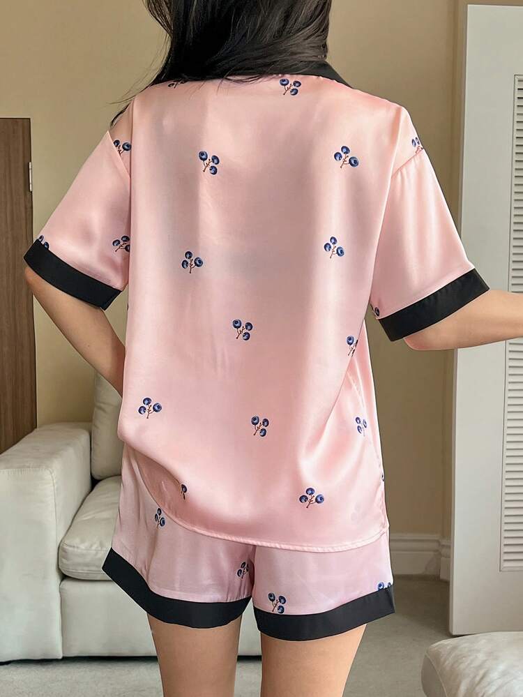 Women's Blueberry Print Satin Patchwork Pajama Set, Summer