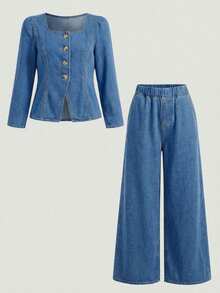 SHEIN Conjunto de niña preadolescente con cuello redondo, manga raglán, unicolor y botones delanteros de mezclilla - Azul lavado medio - Ver 3