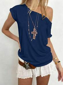 Sundraya Áo kiểu nữ casual gợi cảm cổ lệch, màu xanh navy, hàng mới về mùa hè, thích hợp cho hẹn hò, thiết kế đẹp, phù hợp cho chụp ảnh và mặc dạo phố. - Nhiều màu - Xem 1
