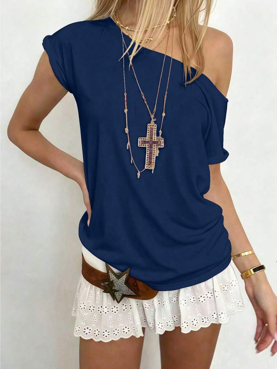 Sundraya Áo kiểu nữ casual gợi cảm cổ lệch, màu xanh navy, hàng mới về mùa hè, thích hợp cho hẹn hò, thiết kế đẹp, phù hợp cho chụp ảnh và mặc dạo phố. - Nhiều màu - Xem 1