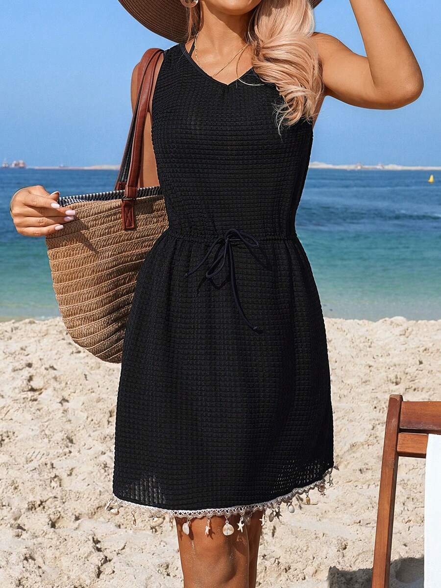 Swim Lushoire Women's Summer Beach Vacation Knitted Jacquard Fabric Flounce Shell Trim Decor Romper Black Beach Dress Black Sundress Women Black Summer Dress Women Black Vacation Dress Casual Black Dress - Black - View 1