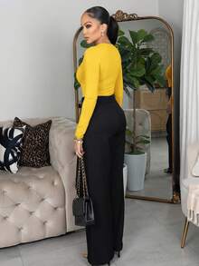 Melissa Matos Solid Slim Fit Spring Women Bodysuit Yellow ,Petite Women - Mustard Yellow - View 2