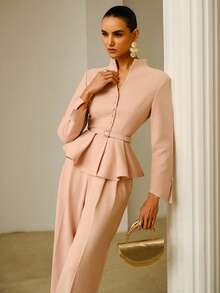 ZEYLAH Waist Cinching Flared Layered Floral Blouse, Spring/Summer - Pink - View 1