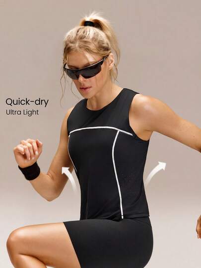 GLOWMODE Power Hour 轻盈速干网眼腰长常规版型露背撞色缝线背心，适合跑步、慢跑、健身训练、网球、高尔夫等日常运动穿着。