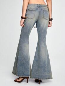 ROMWE Y2K Quần jeans ống rộng cạp cực thấp kiểu vintage rách rưới thời kỳ đầu những năm 2000. - Màu xanh lam - Xem 3