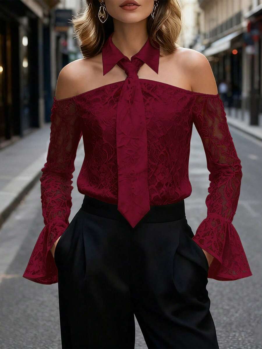 EMERY ROSE Blusa elegante da donna con spalle scoperte, collo con laccio e colore unito, adatta per l'ufficio - Bordò - Visualizzare 1