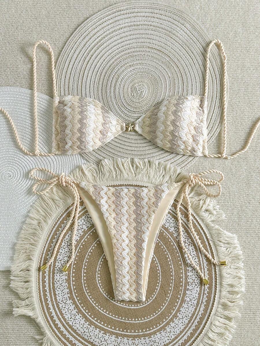 Swim Vcay Women's 2 Pieces Summer Beach Swimwear, Textured Hollow-Out Knit Fabric, Rope Spaghetti Straps, Starfish Decor, Rope Tie Side Bottoms, Bikini Set - Khaki - View 1