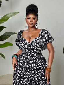 Maweii Retro sexy geometrisches Druckmuster Herzausschnitt Taille gerafft Lässig Weites Bein Jumpsuit, Große Größen - Schwarz und Weiss - Übersicht 2