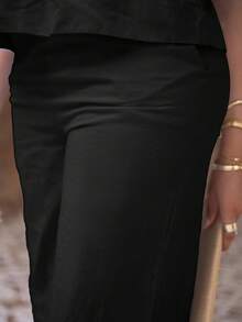 Melissa Matos 2 件套女士纯色梭织修身背心和高腰宽松直筒裤套装春季女士热带度假服装亚麻 - 黑色 - 查看 4