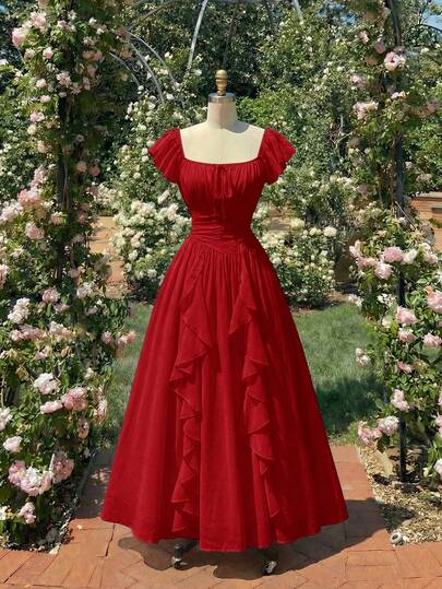 SHEIN MOD Women Apricot Color Ruffled Lantern Sleeve Maxi Dress,Fall Women Dresses