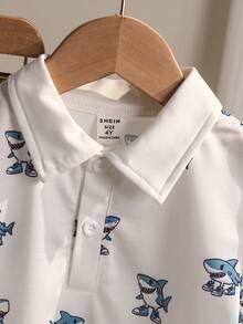 Souflis Souflis 2pcs/Set Boys' Shark Print Polo Shirt & Shorts,White Summer Matching Outfit For Holiday & Family Vacation,Fashionable Casual Back To School Suit - White - View 4